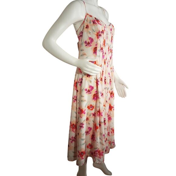 Banana Republic Womens Sz 4 Pintuck Pink Floral Spaghetti Strap Cross Midi Dress - Picture 3 of 8
